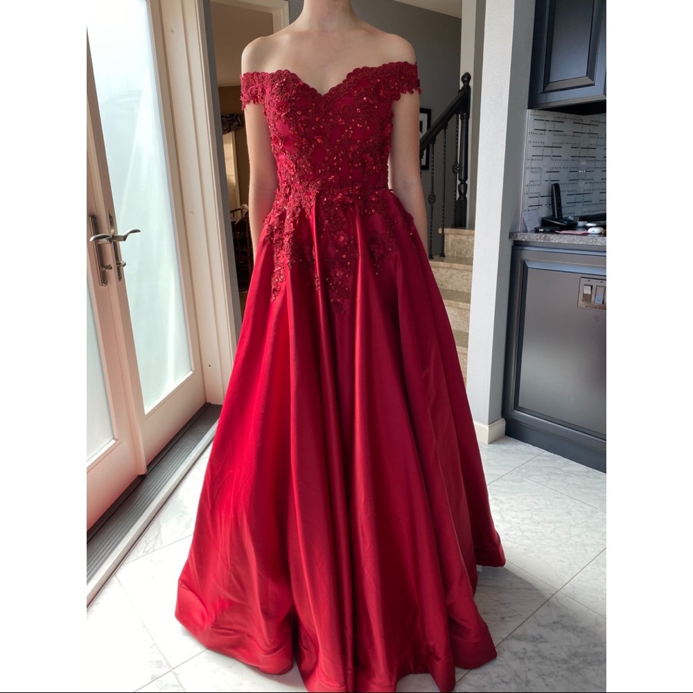 Red embellished off the shoulder gown